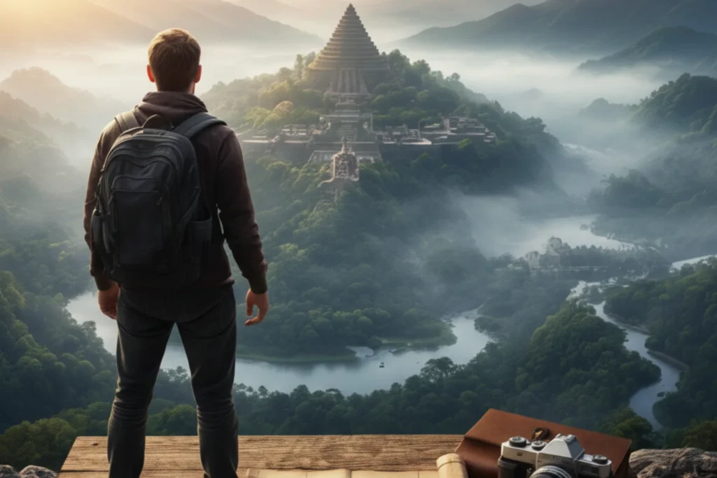 Viajero mirando un paisaje de montañas planeando su ruta con guías y consejos de viaje